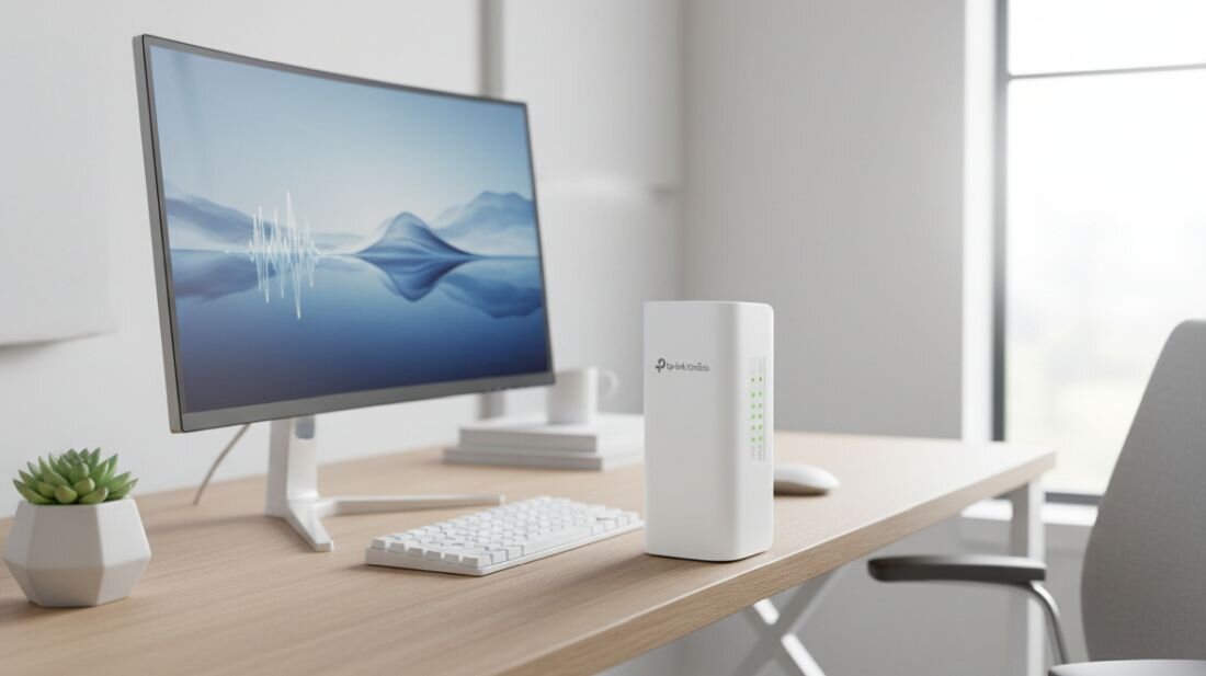 Przełącznik TP-Link Omada z portami Gigabit Ethernet pracuje obok monitora i laptopa podczas administracji siecią firmową