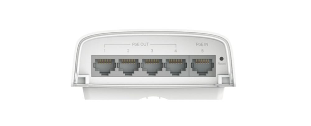 Przełącznik TP-Link Omada z portami Gigabit Ethernet prezentuje metalową obudowę na jasnym tle produktowym