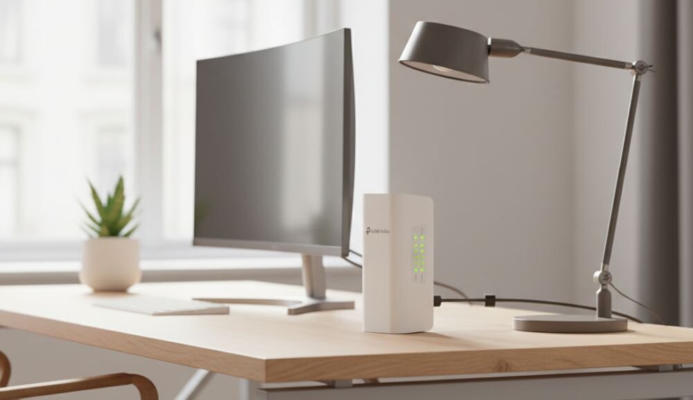 Przełącznik TP-Link Omada z portami Gigabit Ethernet prezentuje panel złączy sieciowych na stanowisku administracyjnym w biurze