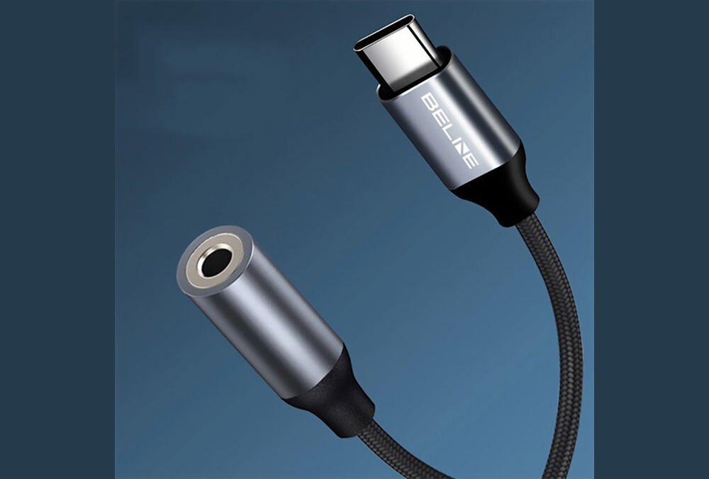 Adapter USB-C/Jack DAC BELINE 3.5 mm do Samsung/iPhone 15 Szary wysoka jakość stop aluminium TPE pleciona nylonowa powłoka długość 11.5 cm