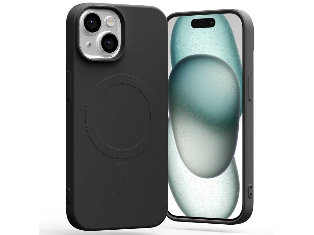Czarne etui na telefon z okrągłym wzorem na tylnej części, obok smartfon z wyświetlaczem pokazującym abstrakcyjną grafikę.