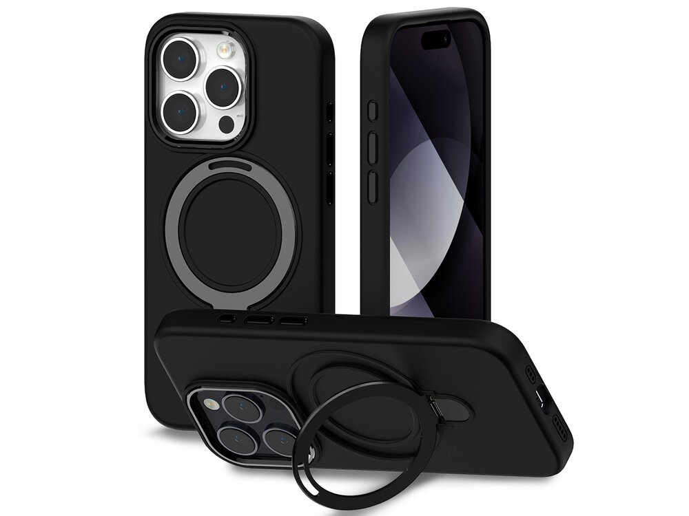 Czarne etui na telefon z okrągłym uchwytem i wycięciami na aparat. Etui jest pokazane z różnych perspektyw, prezentując jego funkcjonalność i design.