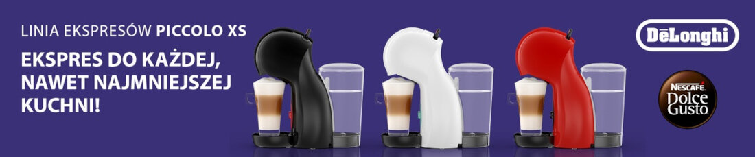 Ekspres DELONGHI Dolce Gusto Piccolo XS Czarny lifestyle wygląd prezentacja kolor kolorystyka pokaz na fioletowym tle