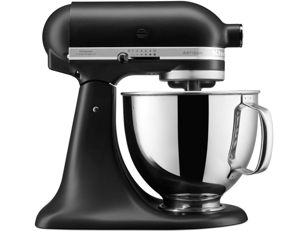 Robot kuchenny planetarny KITCHENAID Artisan 5KSM125EBM 300W robot stoi bokiem czarna obudowa srebrna miska białe tło stylowy design praktyczność wygoda użytkowania gładka zaokrąglona konstrukcja z uchylną głowicą Kompaktowa forma (36 x 24 x 37 cm) solidna budowa z metalowym korpusem codzienne użytkowanie