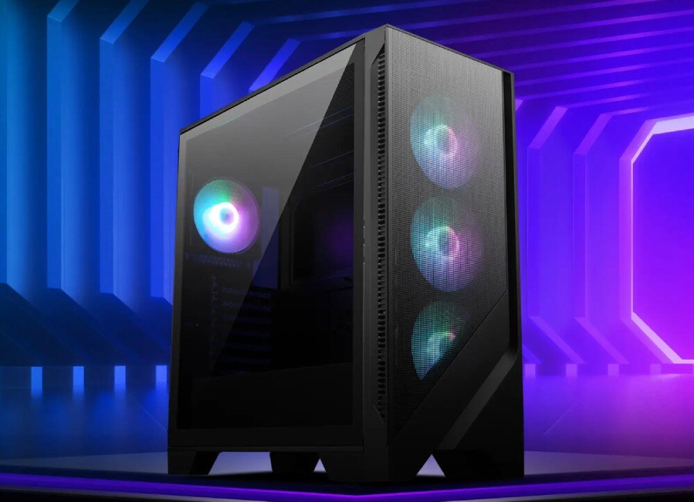 Obudowa MSI MAG Forge 320R Airflow obudowa stojąca pod kątem na tle grafiki z fioletowym motywem wygląd opis