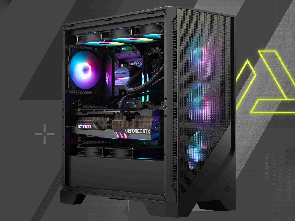 Obudowa MSI MAG Forge 320R Airflow obudowa stojąca bokiem z podzespołami zamontowanymi wewnątrz cechy zalety podświetlenie wygląd szklany panel