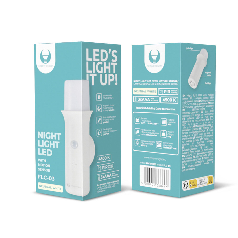Opakowanie lampki LED z czujnikiem ruchu, oznaczone jako FLC-03, w kolorze neutralnej bieli. Widoczne są napisy: \'LED\'S LIGHT IT UP!\', \'NIGHT LIGHT LED WITH MOTION SENSOR\', \'3xAAA\', \'4500 K\', oraz logo Forever Light.