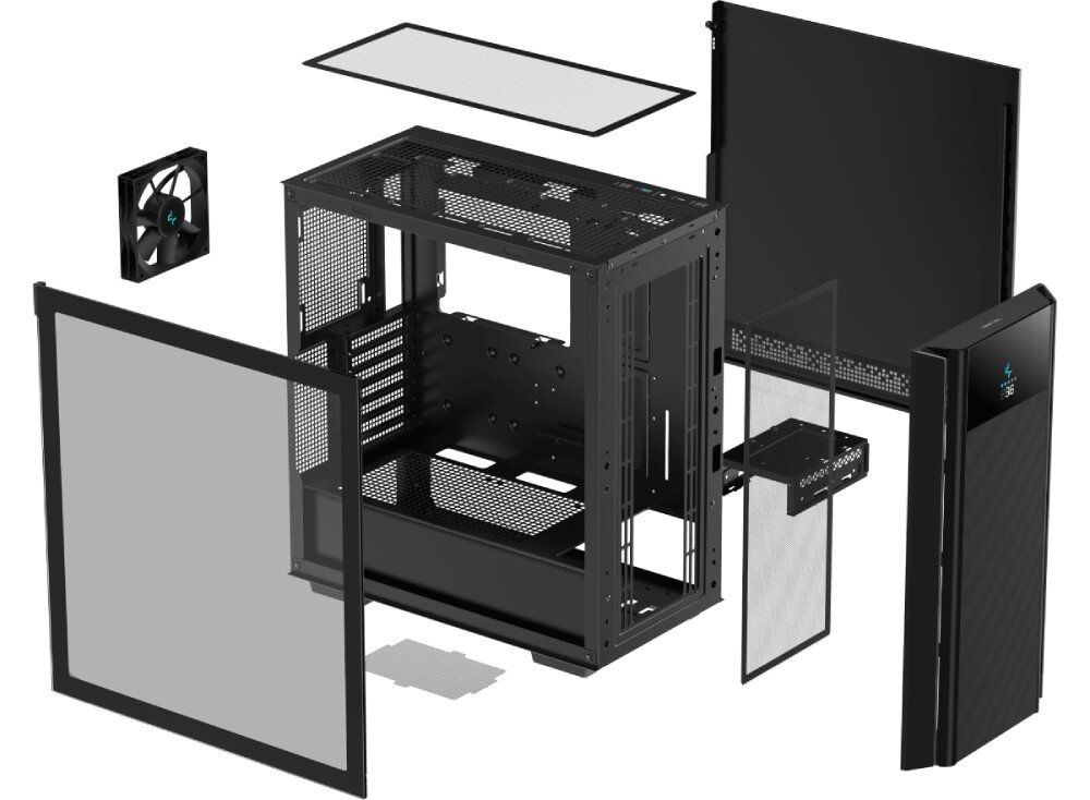 Obudowa DEEPCOOL CH510 Mesh Digital Ilustracja pokazująca rozdzielone elementy konstrukcyjne czarnej obudowy komputerowej na białym tle
