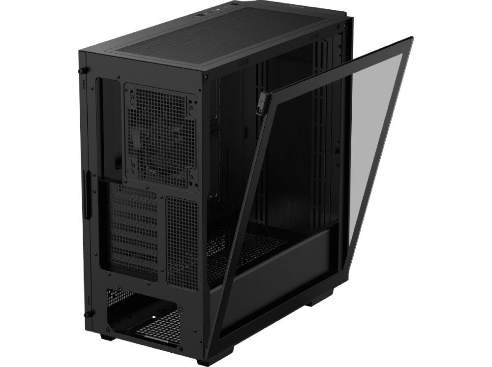 Obudowa DEEPCOOL CH510 Mesh Digital Widok od tyłu na czarną obudowę z uchylonym szklanym panelem bocznym