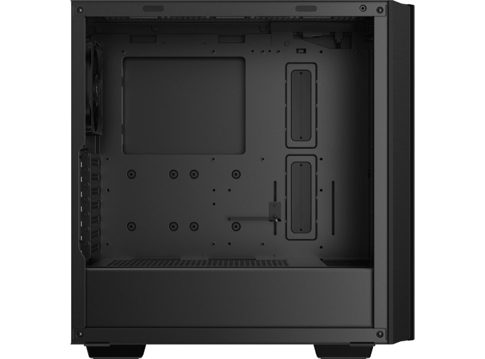 Obudowa DEEPCOOL CH510 Mesh Digital Puste wnętrze czarnej obudowy komputerowej widziane z boku, pokazujące miejsce na komponenty i tylny wentylator