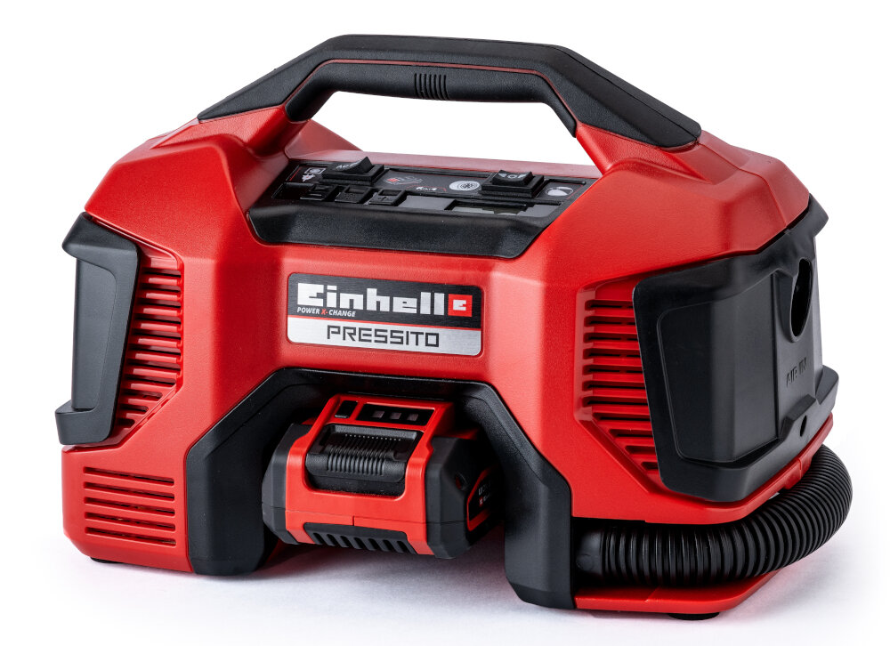 Kompresor hybrydowy EINHELL Pressito 4804020460 latwy do schowania zasilany akumulatorem hybrydowa sprezarka wydajnosc do 16 l/min nieskrepowana mobilnosc