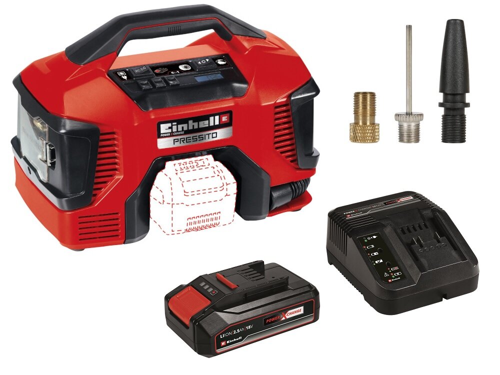 Kompresor hybrydowy EINHELL Pressito 4804020460 zestaw akumulator szybka ladowarka waz wysokocisnieniowy waz niskocisnieniowy uchwyt zestaw zlaczek i adapterow dokumentacja