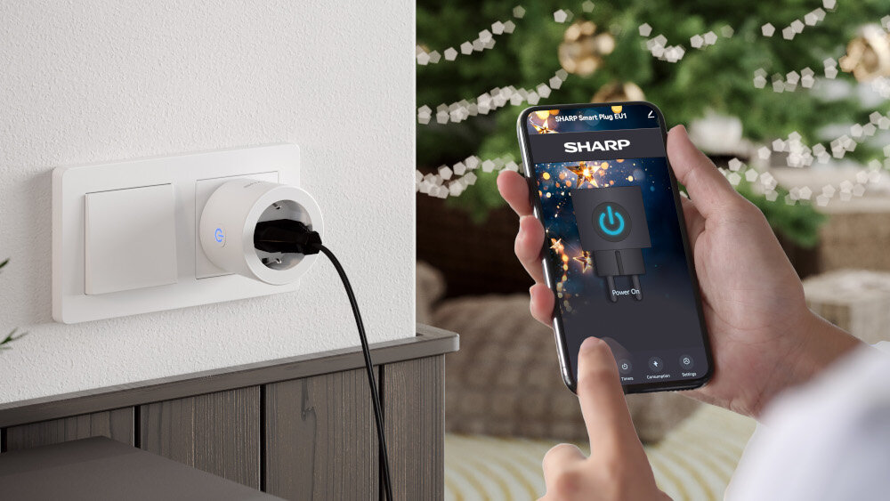 Inteligentne gniazdko SHARP WI-FI PH01EW przeksztalca urzadzenia non-smart w urzdzenia sterowane za pomoca telefonu lub tabletu aplikacja Sharp Life zarzadzanie poborem energii oszczednosc