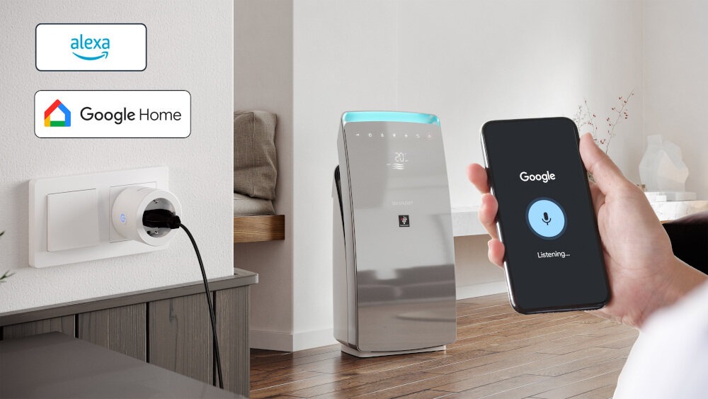 Inteligentne gniazdko SHARP WI-FI PH01EW modul Bluetooth 5,2 kompatybilne z asystentami glosowymi Google Home Amazon Alexa sterowanieza pomoca glosu proste polecenia glosowe