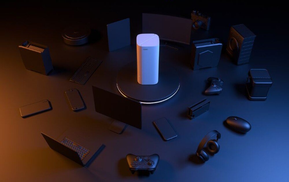 Router TENDA EX12 Węzeł Mesh EX12 otoczony przez różne urządzenia, nad nim ikonki urządzeń i napis „+160 devices”