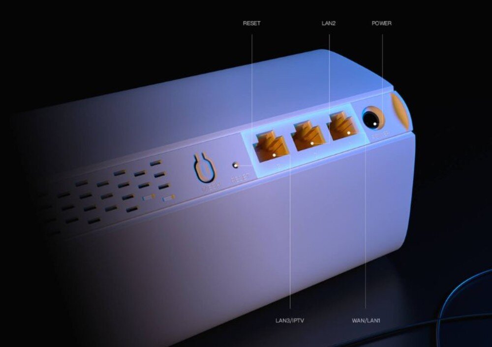 Router TENDA EX12 Zbliżenie na opisane porty Ethernet węzła EX12