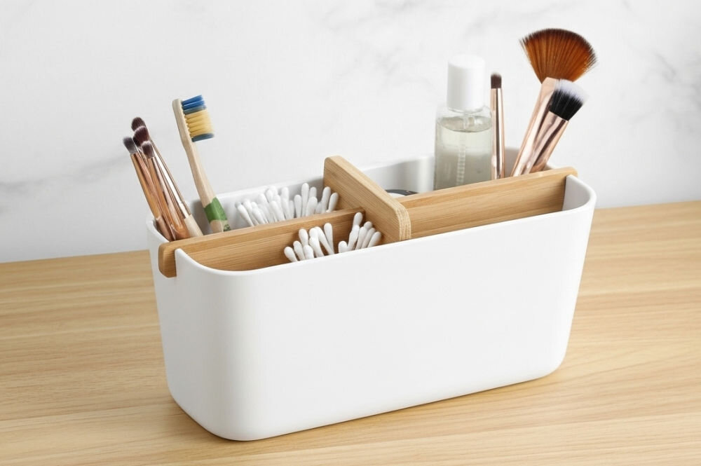 Kubek łazienkowy LEXON Zen LH40W8 Biały, elegancja, łazienka, higiena, czystość, kubek łazienkowy stoi na bambusowej desce, w tle ściana łazienki, wewnątrz kubka akcesoria łazienkowe