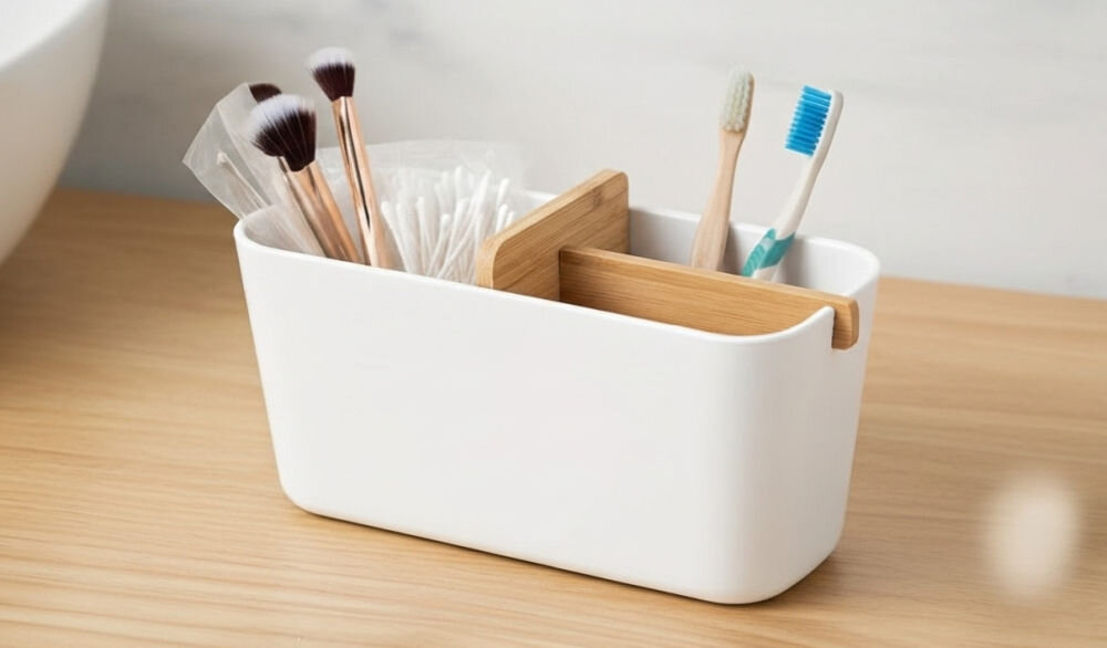 Kubek łazienkowy LEXON Zen LH40W8 Biały, stylowe, aranżacje, praktyczne, wykończenie, kubek łazienkowy stoi na bambusowej desce, w tle ściana łazienki, wewnątrz kubka akcesoria łazienkowe