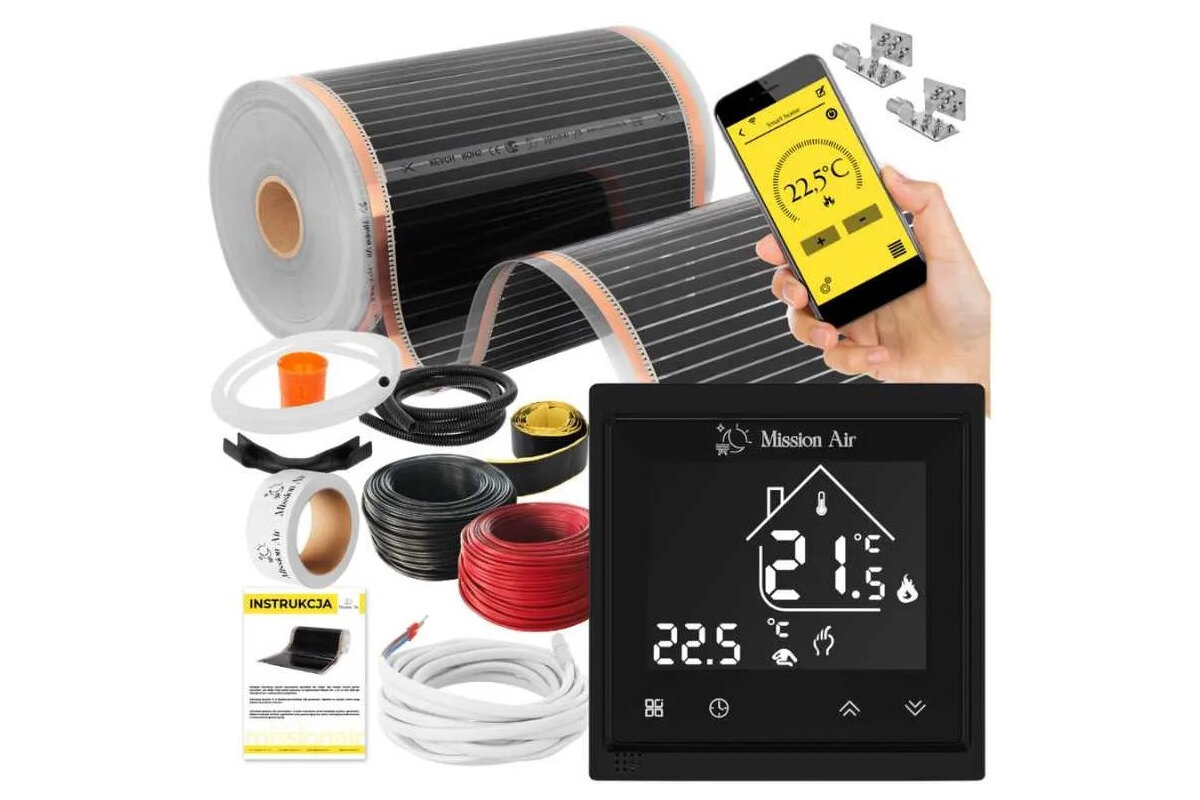 Folia grzewcza pod panele MISSION AIR MAL-160 W-m2 Black Silver 20 m2 (40 m x 50 cm) + regulator Libra Czarny Wi-Fi