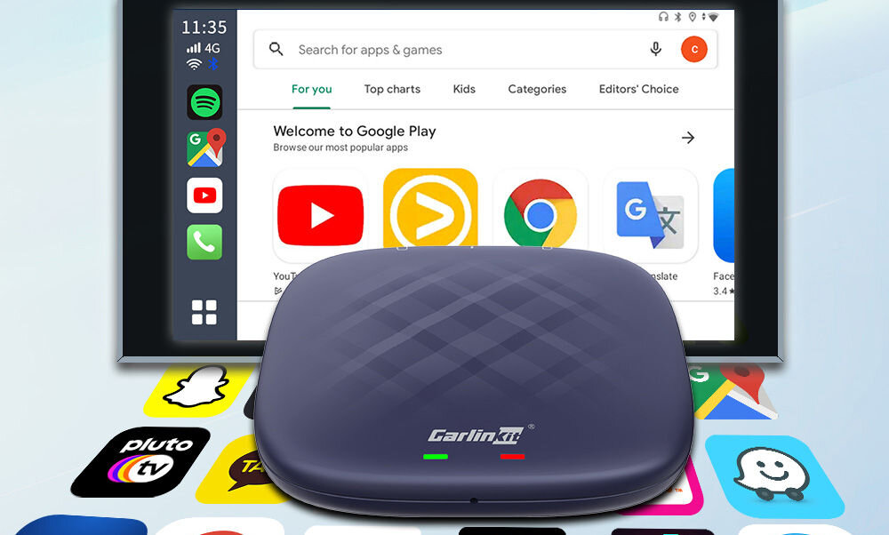Adapter CARLINKIT TBOX-Plus Bezprzewodowy CarPlay Niebieski CarPlay Android Auto Android 13 nieograniczona ilość aplikacji zaawansowane pozycjonowanie satelitarne
