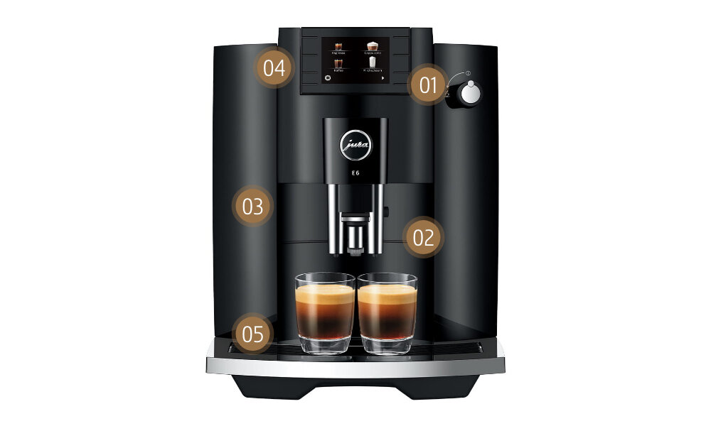 Ekspres JURA E6 Dark Czarny (EC) zalety atuty jednostka zaparzajaca Proces Ekstrakcji Pulsacyjnej Proces Ekstrakcji Pulsacyjnej (P.E.P.®) capuccino czytelny wyswietlacz kolorowy 2,8 cala 11 secjałów kawowych