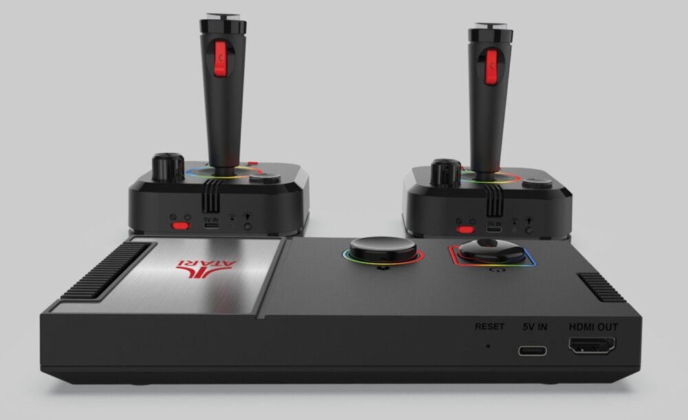 Konsola MY ARCADE Atari PRO DGUNL-7012 Atari Gamestation Pro gry wideo klasyki Atari licencjonowane tytuły rozgrywka bezprzewodowe dżojstiki RGB LED zachowaj postępy opakowanie konsola joysticki HDMI instrukcja