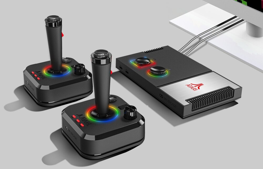 Konsola MY ARCADE Atari PRO DGUNL-7012 Atari Gamestation Pro gry wideo klasyki Atari licencjonowane tytuły rozgrywka bezprzewodowe dżojstiki RGB LED zachowaj postępy opakowanie konsola joysticki HDMI instrukcja