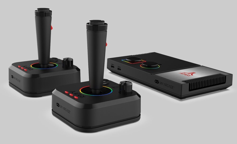Konsola MY ARCADE Atari PRO DGUNL-7012 Atari Gamestation Pro gry wideo klasyki Atari licencjonowane tytuły rozgrywka bezprzewodowe dżojstiki RGB LED zachowaj postępy opakowanie konsola joysticki HDMI instrukcja