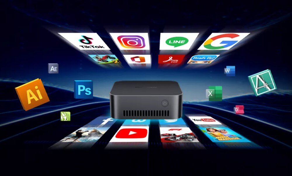 Komputer BLACKVIEW MP80 Mały komputer na tle ciemnego tła z ikonami popularnych aplikacji unoszącymi się nad nim, takimi jak YouTube, TikTok, Word, Excel, Photoshop i inne, pamięć RAM, taktowanie, dysk, pojemność