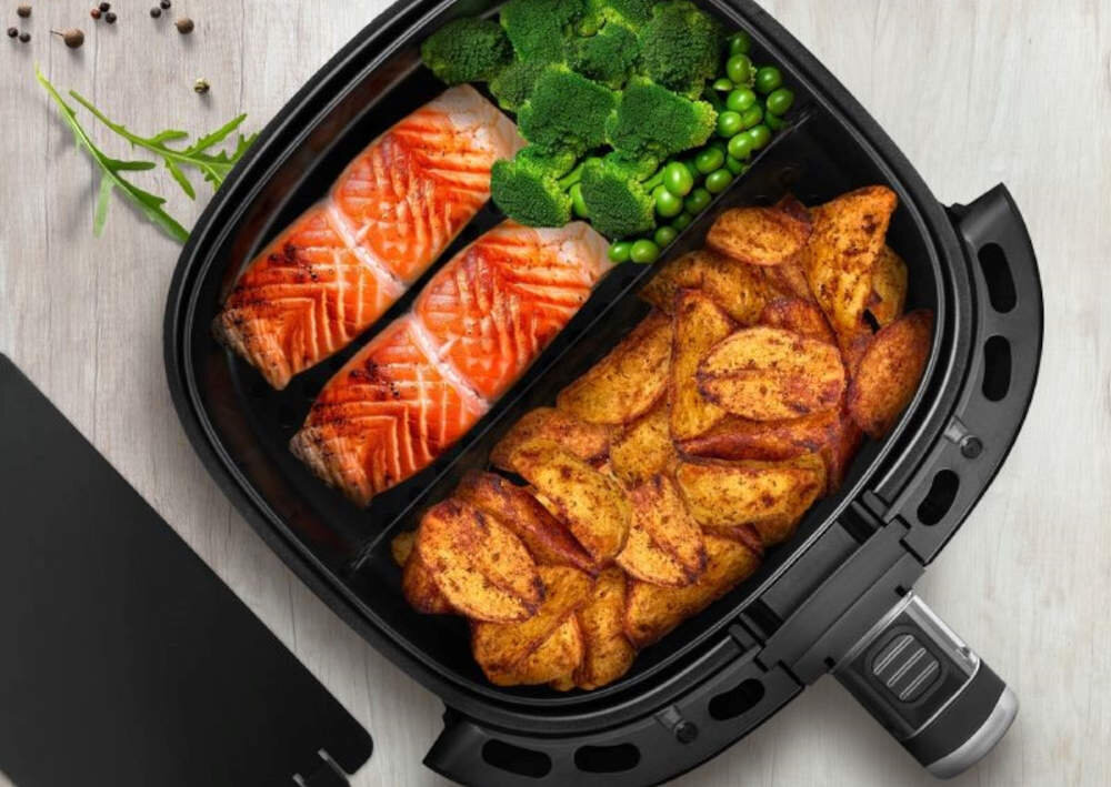 Frytkownica beztłuszczowa MOZANO Active Fryer Srebrny Air Fryer wygoda komfort użytkowanie korzystanie kosz misa pojemność pokrycie teflon czyszczenie