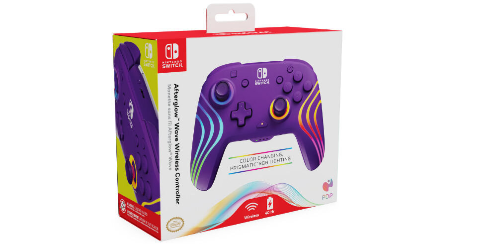 Kontroler PDP Afterglow Wave Nintendo Switch/Nintendo Switch Oled Fioletowy prezentacja opakowania pada na białym tle bezprzewodowy zasięg do 9 metrów swoboda ruchu komfort grania wygoda etetyka