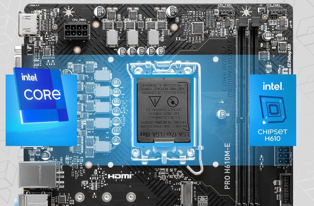 Płyta główna MSI Pro H610M-E DDR5 Centralna część urządzenia z gniazdem procesora otoczonym przez grafiki z logotypami 'intel CORE' oraz 'intel CHIPSET H610'