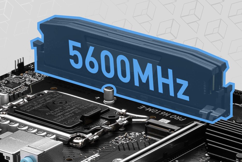 Płyta główna MSI Pro H610M-E DDR5 Banki pamięci RAM z grafiką zainstalowanego modułu i dużym niebieskim napisem '5600MHz' wskazującym na obsługiwaną częstotliwość