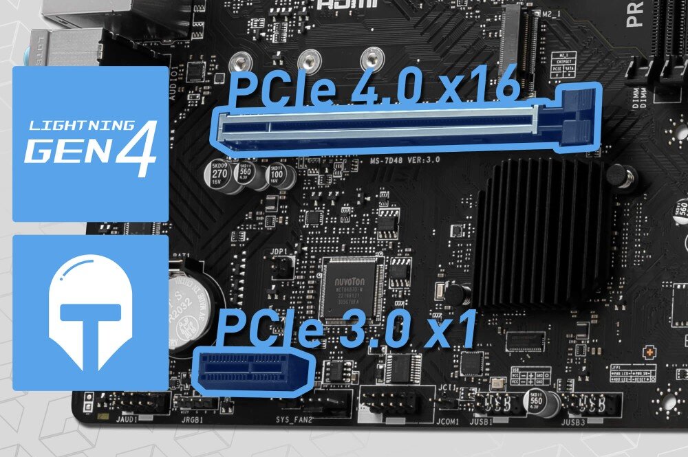 Płyta główna MSI Pro H610M-E DDR5 Widok slotów rozszerzeń z nałożonymi niebieskimi ramkami i podpisami 'PCIe 4.0 x16' oraz 'PCIe 3.0 x1' obok logotypu 'LIGHTNING GEN 4' z ikoną tarczy