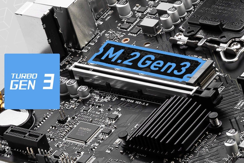 Płyta główna MSI Pro H610M-E DDR5 Zbliżenie na fragment laminatu z widocznym złączem dysku, nad którym umieszczono błękitny napis 'M.2 Gen3' oraz logo 'TURBO GEN 3' po lewej stronie