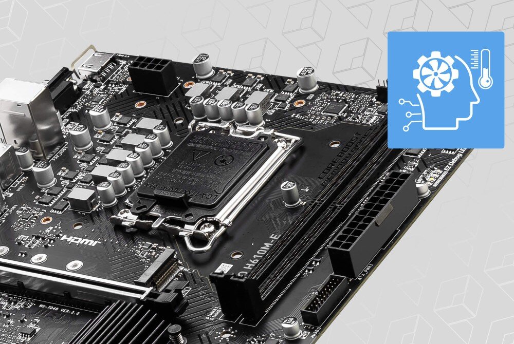 Płyta główna MSI Pro H610M-E DDR5 Zbliżenie na okolice gniazda procesora z nałożoną niebieską ikoną głowy z wentylatorem i termometrem w środku