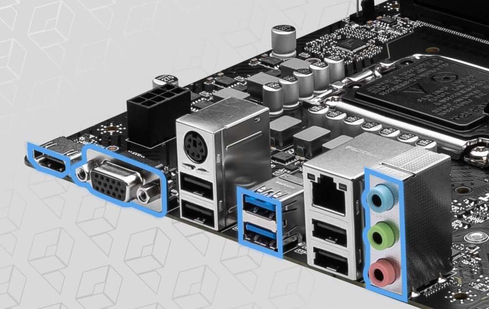 Płyta główna MSI Pro H610M-E DDR5 Złącza na tylnym panelu wejścia i wyjścia z niebieskimi obrysami wokół portów wideo HDMI i VGA, gniazd USB oraz portów audio