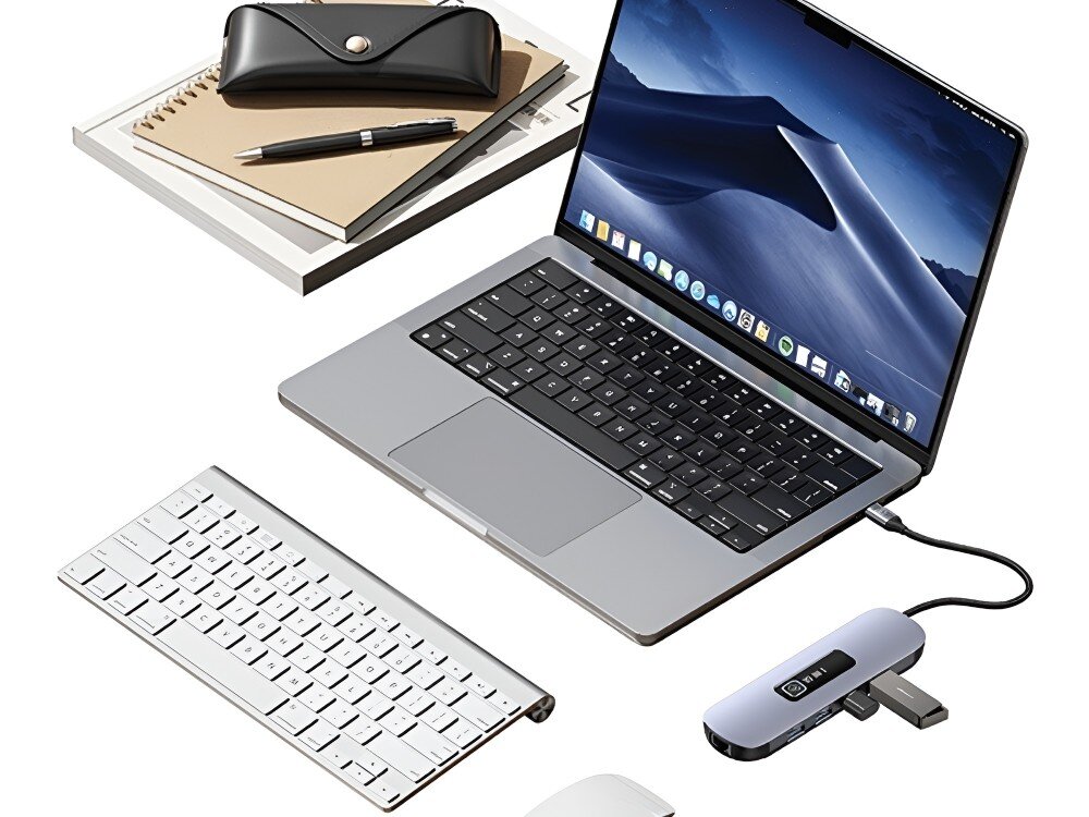 Hub USAMS SJ644HUB01 Laptop z podłączonym hubem USB-C leży na białym biurku. Do huba wpięte są dwa urządzenia. Obok znajduje się klawiatura i myszka, 
            hub 3.0 5gb/s usbc pd 100w hdmi power delivery 1gb/s