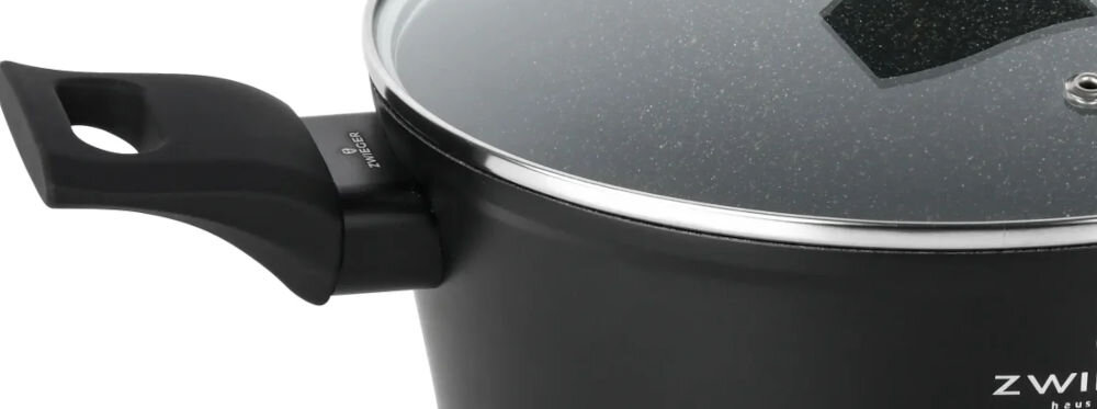 Garnek ZWIEGER Gabro 20 cm nieprzywierająca powłoka bezpieczna dla zdrowia nie zawiera szkodliwego związku PFOA silikonowy lakier żaroodporny odporny na odpryski i przebarwienia nienagrzewające sie uchwyty z tworzywa  PP bezpieczeństwo minimalizacja ryzyka oparzeń 