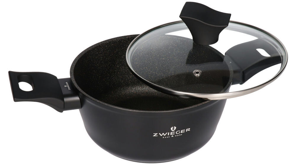 Garnek ZWIEGER Gabro 20 cm funkcjonalność elegancki wygląd czarne wykończenie chropowata powierzchnia marble stone stylowy charakter komponuje się z różnymi aranżacjami kuchennymi silikonowy lakier żaroodporny wyprofilowane pokrywy ze szkła hartowanego estetyczny wygląd praktyczność stylowe wzornictwo 