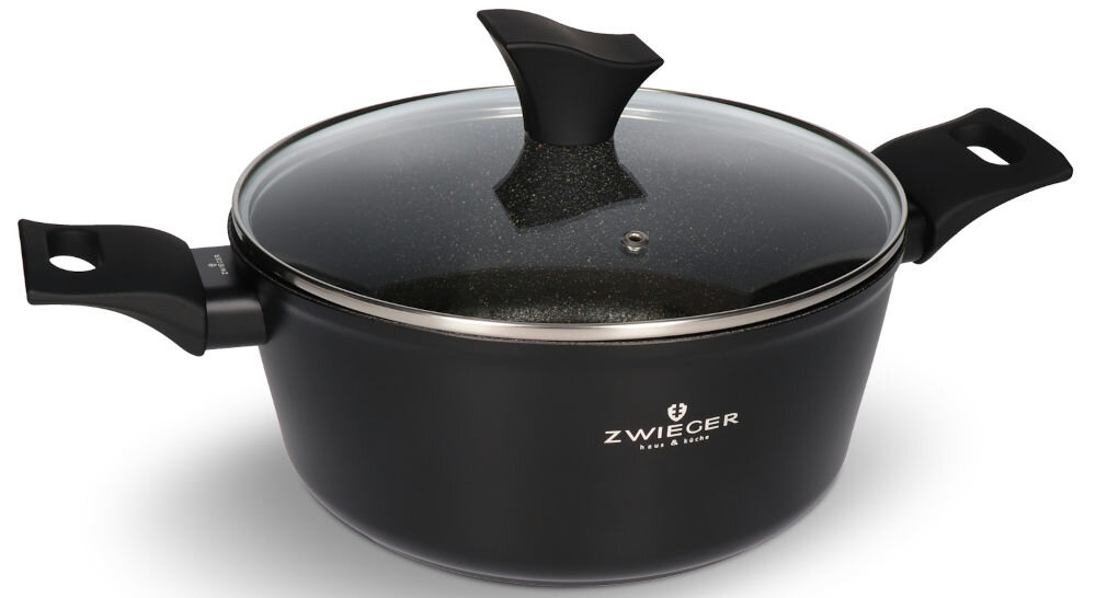 Garnek ZWIEGER Gabro 24 cm nieprzywierająca powłoka bezpieczna dla zdrowia nie zawiera szkodliwego związku PFOA silikonowy lakier żaroodporny odporny na odpryski i przebarwienia nienagrzewające sie uchwyty z tworzywa  PP bezpieczeństwo minimalizacja ryzyka oparzeń 