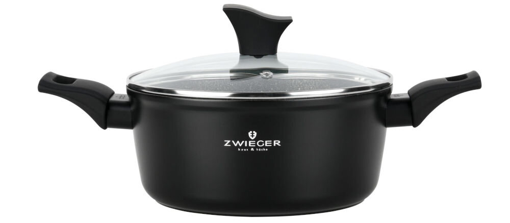 Garnek ZWIEGER Gabro 24 cm funkcjonalność elegancki wygląd czarne wykończenie chropowata powierzchnia marble stone stylowy charakter komponuje się z różnymi aranżacjami kuchennymi silikonowy lakier żaroodporny wyprofilowane pokrywy ze szkła hartowanego estetyczny wygląd praktyczność stylowe wzornictwo 
