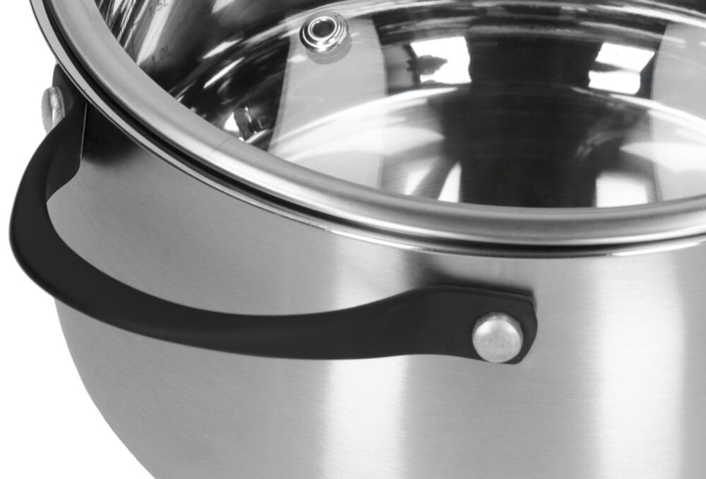 Garnek ZWIEGER Gabro 22 cm wnętrze garnka wyprofilowane na wysoki połysk ułatwienie czyszczenia dodanie elegancji zewnętrzna strona garnka satynowe wykończenie stalowe czarne uchwyty elegancki stylowy wygląd uchwyty ze stali nierdzewnej estetyczne praktyczne przyjemna tekstura pozostają chłodne komfortowe bezpieczne korzystanie z garnka 