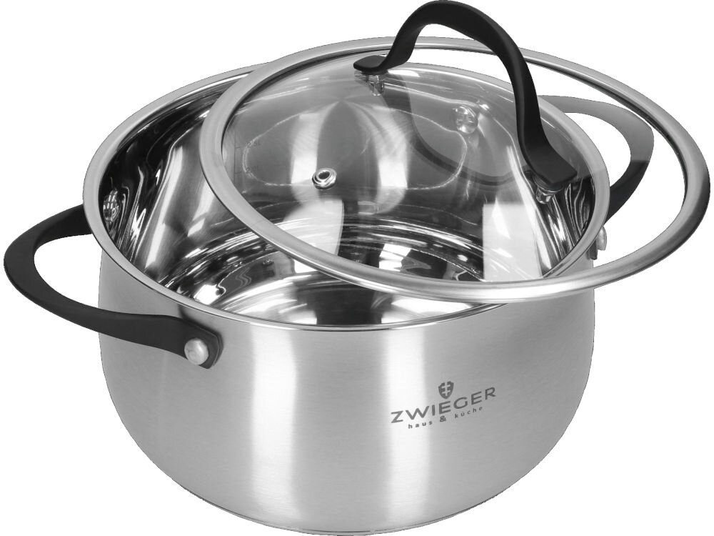 Garnek ZWIEGER Gabro 22 cm pokrywka szkło hartowane stalowe obramowanie stal nierdzewna AISI 304 przylega do naczynia minimalizuje straty ciepła przezroczystość szkła pokrywy dla amatorów i profesjonalnych kucharzy efektywne wygodne gotowanie zachowanie większej ilości wartości odżywczych 