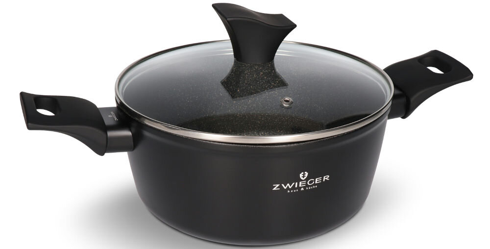 Garnek ZWIEGER Gabro 22 cm nieprzywierająca powłoka bezpieczna dla zdrowia nie zawiera szkodliwego związku PFOA silikonowy lakier żaroodporny odporny na odpryski i przebarwienia nienagrzewające sie uchwyty z tworzywa  PP bezpieczeństwo minimalizacja ryzyka oparzeń 