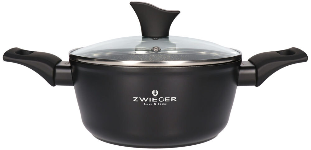Garnek ZWIEGER Gabro 22 cm funkcjonalność elegancki wygląd czarne wykończenie chropowata powierzchnia marble stone stylowy charakter komponuje się z różnymi aranżacjami kuchennymi silikonowy lakier żaroodporny wyprofilowane pokrywy ze szkła hartowanego estetyczny wygląd praktyczność stylowe wzornictwo 