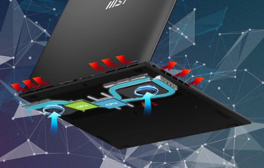 Laptop MSI Prestige 16 AI Studio B1VFG-017PL 16 IPS U7-155H 32GB RAM 1TB SSD GeForce RTX4060 Windows 11 Home chłodzenie wentylatory ciepłowody temperatura