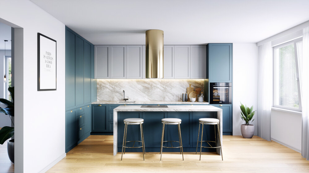 Okap GLOBALO Heweno Isola 39.2 złoty Zdjęcie przedstawia tę samą kuchnię z innej perspektywy, ukazując efektowny okap kuchenny zawieszony nad płytą indukcyjną na wyspie kuchennej. W tle widać duże okna z panoramicznym widokiem na miasto salon połączony z kuchnią, co podkreśla przestronność i styl wnętrza wyciąg pochłaniacz wentylacja oczyszczanie powietrza obieg zamknięty elegancki design