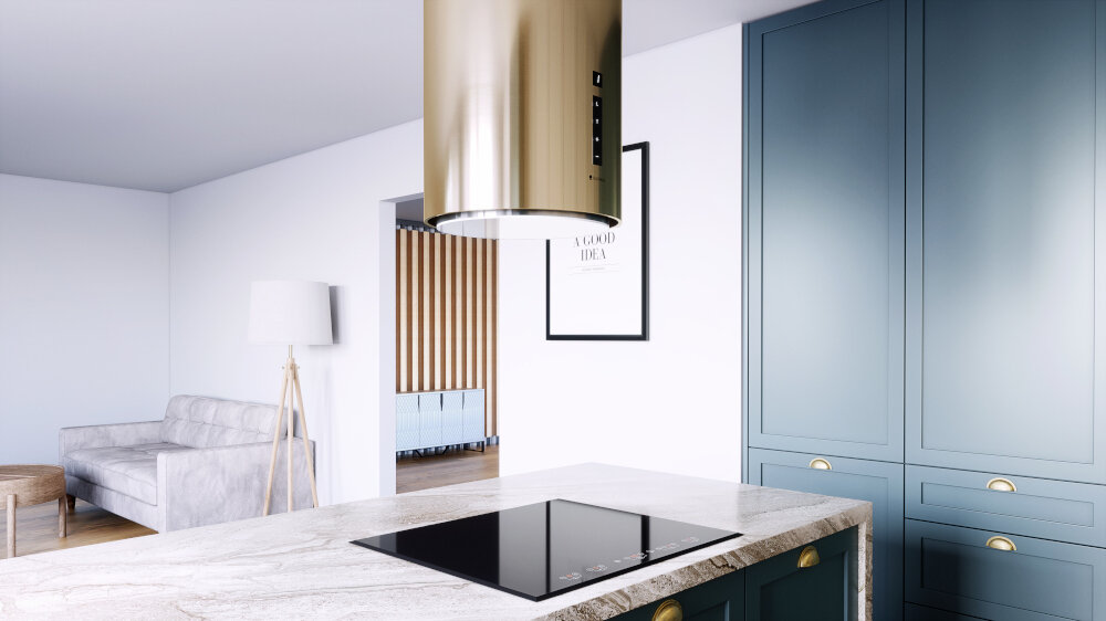 Okap GLOBALO Heweno Isola 39.2 złoty Na zdjęciu przedstawiono przestronną kuchnię w minimalistycznym stylu, z centralnie umieszczoną wyspą wykonaną z jasnego, marmurowego kamienia. Nad wyspą zawieszony jest efektowny okap cylindryczny, który stanowi designerski akcent wnętrza. W tle widać wysokie drewniane zabudowy piekarnik w zabudowie, a całość uzupełnia eleganckie krzesło i zielona roślina w doniczce szerokość 39 cm timer czas Głośność 62 db