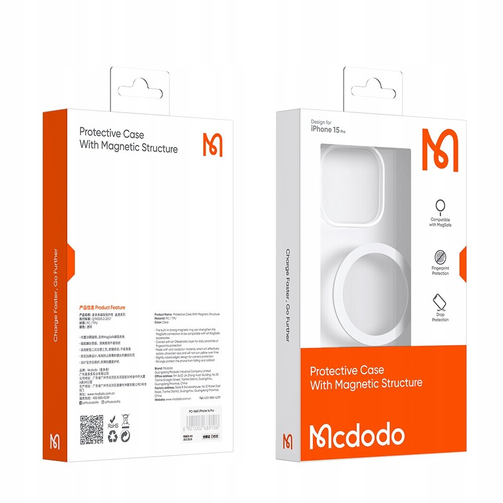 Opakowanie produktu Mcdodo z napisem \'Protective Case With Magnetic Structure\'. Widoczne są ikony wskazujące na kompatybilność z MagSafe, ochronę przed odciskami palców i ochronę przed upadkiem.